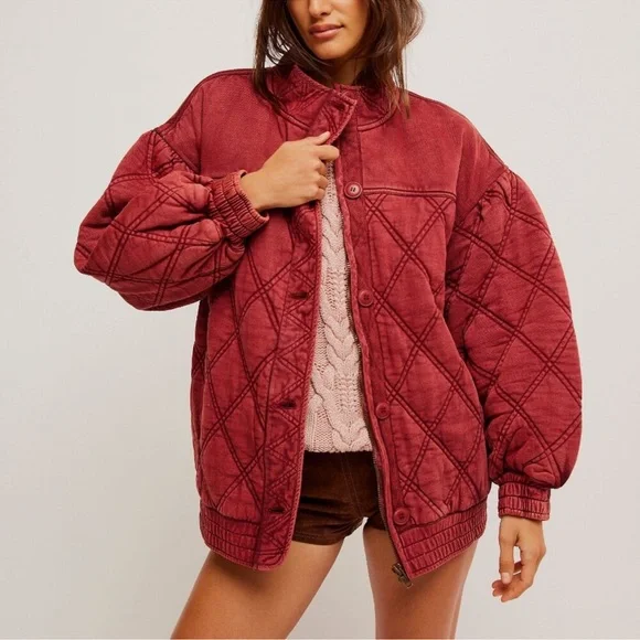 NWT Free People Juno Jacket - Port π₯ Quilted Brick Puffer Coat Movement - Picture 1 of 6